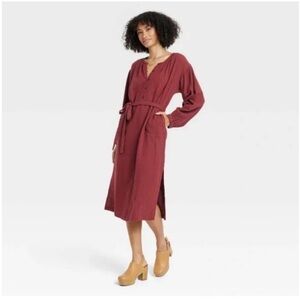 Universal Thread Maroon Balloon Long Sleeve Tie Front Shirt Dress